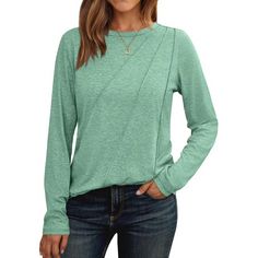 Looking for the perfect go-to top this fall? This Women's Long-Sleeve Crewneck Top offers both comfort and style in one versatile piece. Made from a soft and stretchy fabric, it's perfect for those casual days when you want to look good without sacrificing comfort. The unique diagonal stitching detail adds a trendy twist to a classic design, making this top a must-have for your fall wardrobe. Whether you're layering it under a jacket for extra warmth or wearing it solo, this top is designed for Long Sleeve Solid Color Tops For Layering, Solid Color Long Sleeve Tops For Layering, Green Long Sleeve Top For Spring Layering, Spring Green Long Sleeve Top For Layering, Solid Color Tops For Layering In Fall, Green Tops For Layering, Green Solid Color Tops For Layering, Green Casual Long Sleeve Top For Layering, Casual Green Long Sleeve Top For Layering