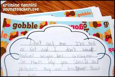 two children's handwritten thank cards with the words gobbled on them