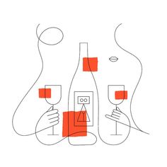 a line drawing of two wine glasses and a bottle with the same image on it