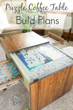 the puzzle coffee table has been built with lots of pieces