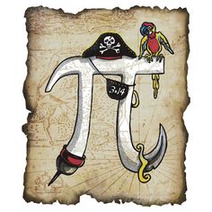 an old pirate pi symbol with two parrots on it's back and one bird perched on top