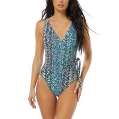 Nwt Vince Camuto Surplice-Neck Wrap-Tie One-Piece Swimsuit Blue 6 Spring V-neck Swimwear With Tie Waist, One-piece Swimwear With Tie Waist, Elegant Blue Printed Swimwear, Blue Summer Swimwear With Tie Waist, Chic Blue Swimwear With Tie Back, Blue Tie Waist Swimwear For Summer, Blue Tie Waist Summer Swimwear, Elegant Blue V-neck Swimwear, V-neck Swimwear With Tie Waist For Spring