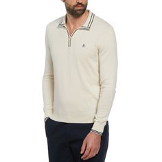 1/4 Zip Cotton Sweater Polo (Birch) Classic Half-zip Polo Sweater, Half-zip Sweatshirt With Ribbed Collar For Sports, White Half-zip Sweater With Zipper Closure, Mens 1/4 Zip, Mens Quarter Zip, Mens 1/4 Zip Sweater, Original Penguin, Polo Collar, Long Sleeve Polo