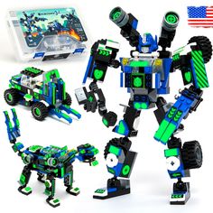 an assortment of toys including a robot with wheels and arms in various poses, all made out of legos