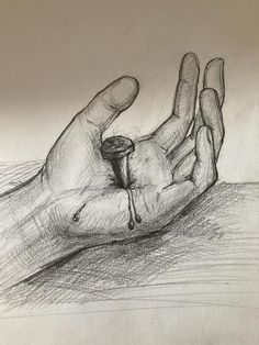 a pencil drawing of a hand holding a jar with something in it's palm