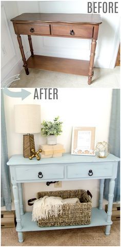 before and after photos of a painted console table