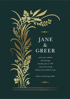 an elegant wedding card with gold leaves and vines on the front, in dark green