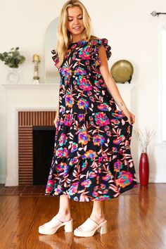 Just A Dream Black Floral Print Smocked Ruffle Sleeve Maxi Dress Black Floral Maxi Dress, Stylish Caps, Cap Sleeve Dress, Cardigan Sweater Dress, Garden Parties, Capped Sleeve Dress, Dress Gift, Maxi Dress With Sleeves, Lovely Print