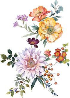 watercolor painting of colorful flowers and leaves