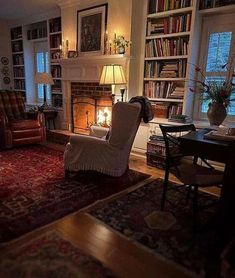 a living room filled with furniture and a fire place next to a book shelf full of books