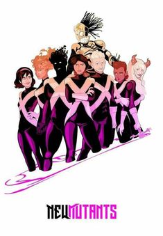 a group of women standing next to each other in front of a white background with the words new mutantss on it