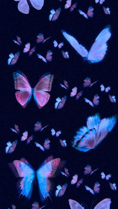 several pink and blue butterflies flying in the dark