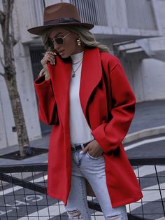 Women's Fall Winter Coat Lapel V-Neck Woolen Jacket Chic V-neck Outerwear With Pockets, Chic V-neck Winter Blazer, Chic Red V-neck Outerwear, Trendy Outerwear With Pockets And V-neck, Chic V-neck Outerwear For Winter, Chic V-neck Winter Outerwear, V-neck Outerwear With Pockets For Spring, Chic Blazer For Winter, Fall Lapel Collar Pea Coat In Solid Color