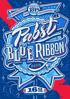 the blue ribbon beer logo on a red, white and blue background