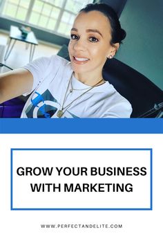 a woman sitting in an office chair with the words grow your business with marketing