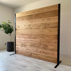 a large wooden wall in the corner of a room with a potted plant next to it