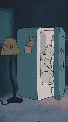 a cartoon bear is in the fridge with its door open and it's light on