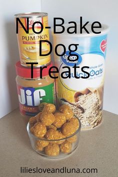 no - bake dog treats in a glass bowl next to a can of peanut butter