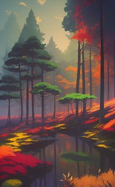 a painting of some trees and water in the middle of a forest with bright colors