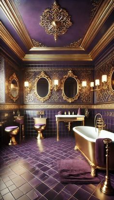 an ornate bathroom with gold fixtures and purple tile flooring is pictured in this image