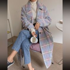 Beautiful Pastel Plaid Oversized Coat By Shein’s Dazy. Great Quality, Single Button Front, New And Never Worn. Size Large For An Oversized Fit! Winter Overcoat, Pastel Plaid, Stylish Suit, Mode Abaya, Women Overcoat, Long Trench, Oversized Coat, Dressy Casual, Winter Fashion Outfits