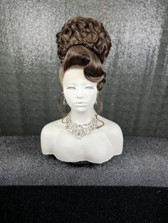 This beautiful lace front synthetic wig will be custom styled, just for you! Images in this listing are an example of this High Curly Bun With Bang Pageant Style Updo in color Rooted Honey Blonde. Prior to your custom styled wig shipping, I will send you multiple pictures to guarantee you are satisfied with the finished result.  Processing time is 6-8 weeks from placing of order.  Lace front wigs can fit a variety of head sizes, up to 23.5" Due to the nature of this item, all sales are final. Pl Bangs Wig, Drag Wigs, Curly Bun, High Fashion Hair, How To Style Bangs, Custom Wigs, Hair Shows, Honey Blonde, Hair Reference