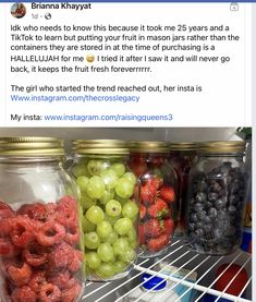 a refrigerator filled with lots of different types of fruit in jars on top of each other