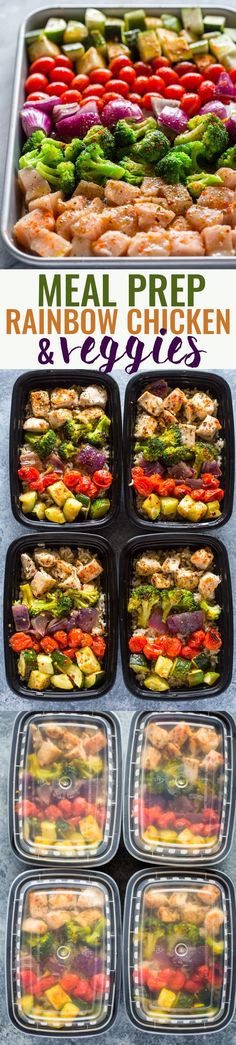 several trays filled with different types of food and the words meal prep rainbow chicken and veggies