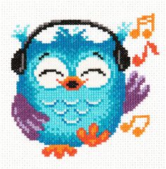 an owl with headphones and music notes is depicted in this cross - stitch pattern