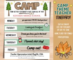 a camp poster is shown with the words camp on it and an image of a fire