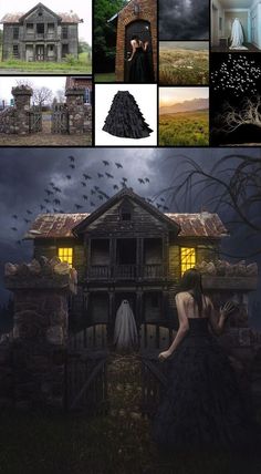 a collage of photos with an old house in the middle and birds flying around