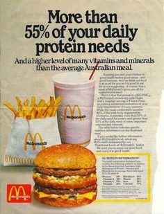 an advertisement for mcdonald's is shown in this ad with a hamburger and fries