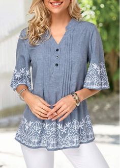 Cheap womens trendy tops Tops online for sale Three Quarter Sleeve Blouses, Tops Trendy, Trendy Tops For Women, Half Sleeve Blouse, Trendy Fashion Tops, Trendy Blouses, Comfy Tops, Embroidery Blouse, Kurta Designs