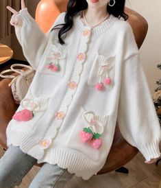 Kawaii Winter Clothes, Fruit Blossoms, Kawaii Sweaters, Oversized Sweater Coat, Cute Korean Outfits, Kawaii Sweater, Aesthetic Sweaters, Lantern Sleeve Sweater, Oversize Sweater