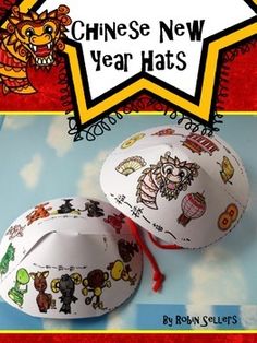 two chinese new year hats with cartoon characters on them and the words happy new year written below