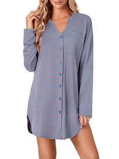 PRICES MAY VARY. Stripes print, notch v neck, button down, long sleeve, irregular hem, a chest pocket, soft and breathable fabric, flowy hem, nightshirt for women and girls. Above knee length, regular fit. Women notch neck long sleeve nighdress feature with stripes design, button front and asymmetrical hem, make you feel comfortable when under this shirt. Casual and elagant style. This stripes nightshirt with pocket for women is great gift choice for your girlfriend, wife or friends as sleepwear, nightwear, loungwear, pajamas dress. The button down flowy hem nightshirt for spring, summer and fall, perfect for sleepwear, nightwear, loungwear, honeymoon nights, date nights, bedroom, lingerie party, or special nights. Please check Size Measurements before ordering to ensure a proper fit. Size Pajamas Dress, Honeymoon Night, Lingerie Party, Pajama Dress, Irregular Hem, Night Shirt, Asymmetrical Hem, Above Knee, Stripe Print