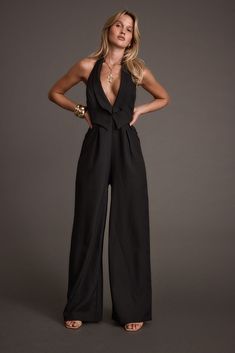 Astoria Black Plunge Halter Tailored Jumpsuit Built In Styling, Wide Leg Jumpsuit Formal, Formal Black Jumpsuit, Rachel Outfits, Wedding Guest Jumpsuit, Black Silk Jumpsuit, Jumpsuit Formal, Vest Jumpsuit, Fancy Jumpsuit