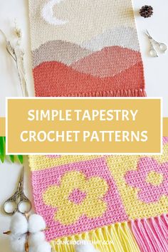 Simple tapestry crochet patterns with a nature and floral design, scissors, and cotton sprigs arranged around. Tapestry Stitch Crochet, Tapestry Crochet Beginner Free Pattern, How To Tapestry Crochet Tutorials, Cute Small Crochet Patterns, Crochet Wall Tapestry Pattern Free, Tapestry Crochet Graphs, Beginner Tapestry Crochet, Simple Crochet Tapestry, How To Tapestry Crochet