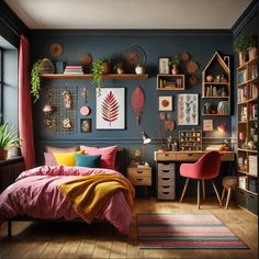 a bedroom with blue walls, pink bedding and colorful accessories on the shelf above the bed