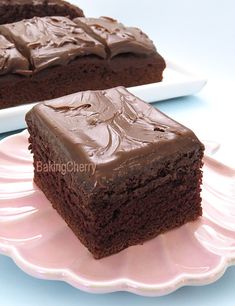 two pieces of chocolate cake sitting on top of a pink plate next to each other