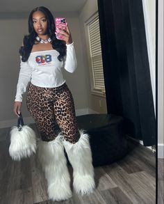 Fur Boots Outfit Black Women, Birthday Fits Baddie, Atl Outfits, Remake Outfits, Cheetah Print Outfits, 20th Bday, Plus Size Baddie Outfits, Thrift Inspo, Girl Fits