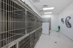 an empty room with metal bars on the wall and two green hoses hanging from the ceiling