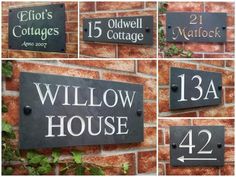 four different signs on the side of a brick wall that say willow house and two arrows pointing to each other