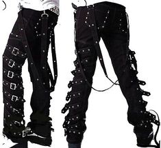 Black Rocker Bottoms For Alternative Fashion, Punk Black Pants With Belt Loops, High Waist Rock Style Bottoms For Streetwear, Black High Waist Rock Bottoms, Gothic Black Bottoms For Cosplay, Black Gothic Bottoms For Cosplay, Gothic Black Bottoms With Belt Loops, Black Punk Bottoms For Cosplay, Gothic High Waist Pants For Streetwear