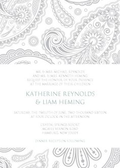 the paisley wedding card is shown in grey and white