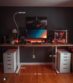 a desk with two drawers and a computer monitor on it, measurements for each drawer