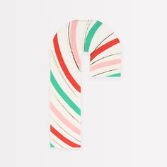 a striped neck tie with red, green, and white stripes on the bottom of it