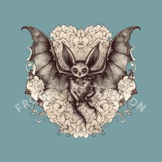 a drawing of a bat with wings and flowers on it's chest, sitting in front of a blue background