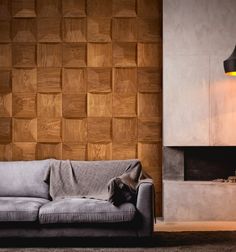 a grey couch sitting in front of a fireplace next to a wooden paneled wall