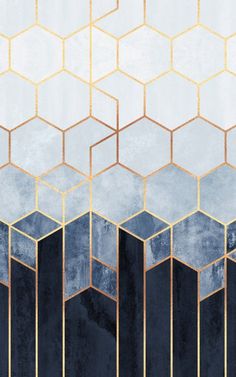 an abstract blue and gold background with hexagonal shapes in the center, on top of each other